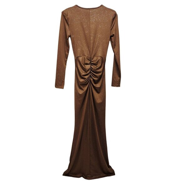 Brown Long-Sleeve Ruched Knot Front Maxi Dress Glitter Accents Deep V Neck SZ M - Picture 2 of 10